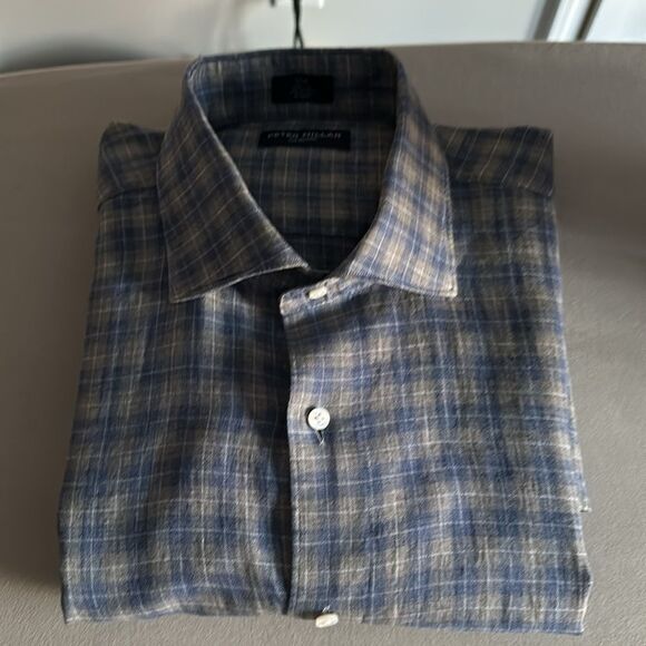Peter Millar Blue Plaid 100% Linen Button-Up Shirt Mens Long Sleeve Size Large - Picture 10 of 11